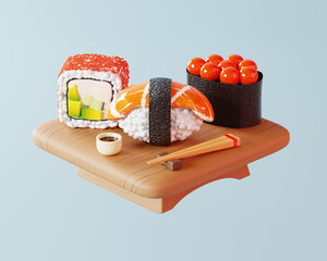 3D illustration of sushi and roll with chopsticks and soy sauce on a wooden table. 3D rendering of a cartoon Japanese food. © BurKar