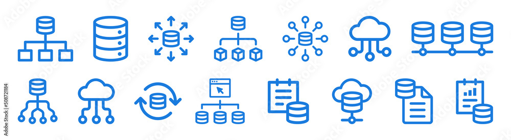 Fototapete Database vector icon set. Data storage on web server concept.