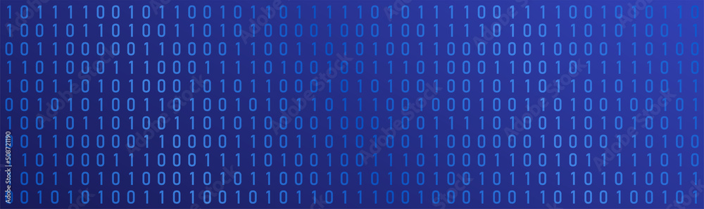 Poster Binary code tech vector blue banner. Digital technology background.