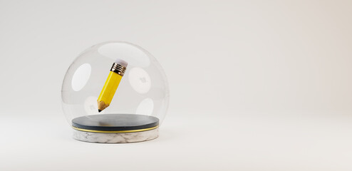 pencil symbol on a stage under a glass dome in front of light grey background