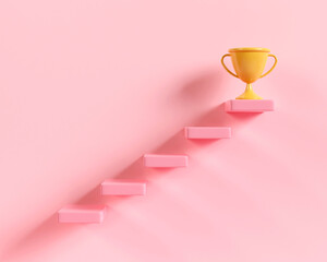 3d step stair with trophy to success on pink background. 1st prize ceremony. reward winner champion. Successful on podium. 3d rendering illustration minimal style. target and goal complete.