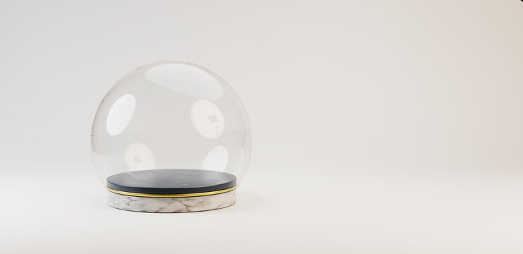 circular black pedestal with metal and marble layers under a glass dome in front of white background