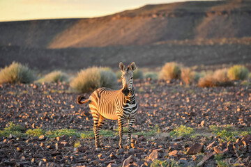Wild zebras in in African national park. Golden hour. Sunset.