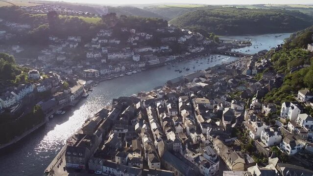 Aerial drone shot of Looe, picturesque seaside village in Cornwall, South west England, United Kingdom.