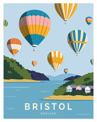 hot air balloon festival in bristol england vector illustration background for poster, poscard, art print with minimalist style. © Butter Bites