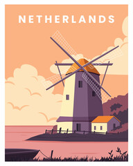 Netherland Travel Landscapes Vector Illustration with windmill. vector for poster, postcard, art print with minimalist style - obrazy, fototapety, plakaty
