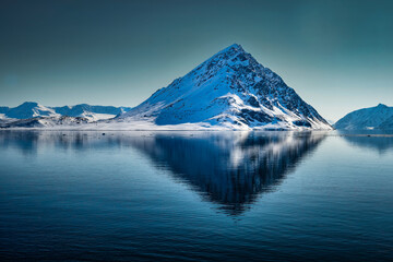 Fototapeta na wymiar 202-05-12 ARCTIC WITH ONE A SHAPED MOUNTAIN WITH SNOW AND EXPOSED ROCK WITH ITS REFLECTION N THE WATER AND A CLEAR SKY NEAR THE ISLAND OF SVALBARD IN NORWAY