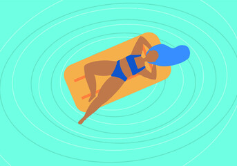 Vector. Ilustración mujeres diversas disfrutando del verano. Mujer con pelo y bikini azul sobre colchoneta amarilla flotando en el agua del mar o en la piscina.