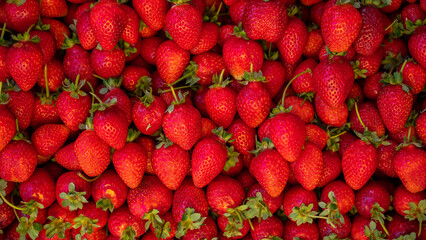 Close-up of ripe strawberries at the bazaar. Background. Texture.
