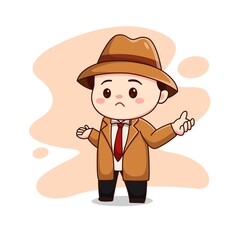 Illustration of cute detective feeling confused kawaii chibi character