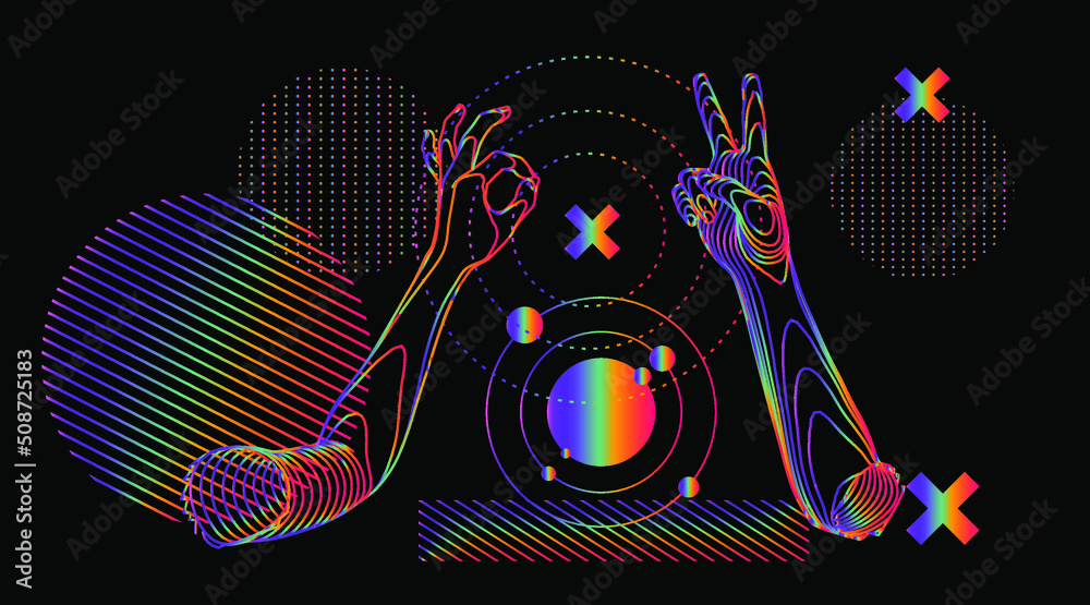 Poster abstract composition with model of the atom, geometric shapes and 3d hands. sci-fi style illustratio