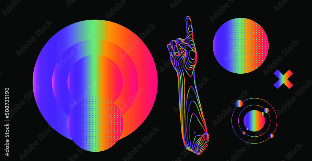 Poster abstract composition with model of the atom, geometric shapes and 3d hands. sci-fi style illustratio