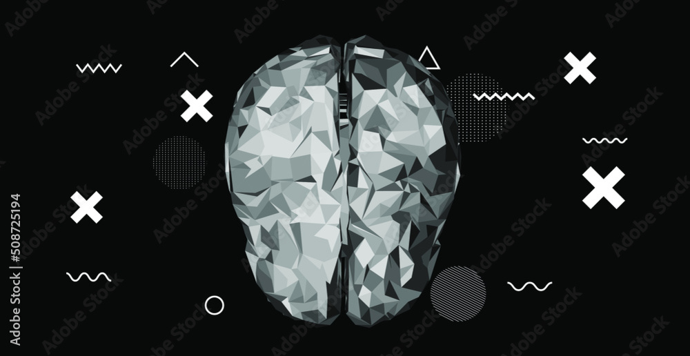 Poster 3D low-poly model of a human brain. Concept of the neural network and AI.