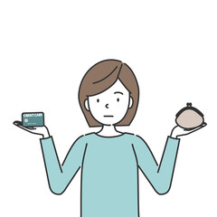 クレジットカードと財布を持ち思案する女性