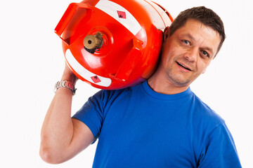 A man wearing a gas cylinder on his shoulder - isolated on a white background