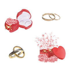 Isolated watercolor illustration of golden wedding bands in a open red ring box on white background with hearts set