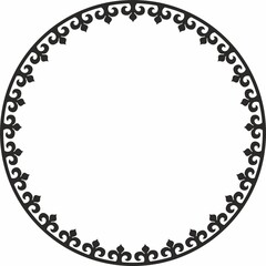 Vector monochrome round patterned Kazakh national frame. Asian ornament in a circle. Border for sandblasting, laser and plotter cutting. Patterns of the nomadic peoples of the Great Steppe.