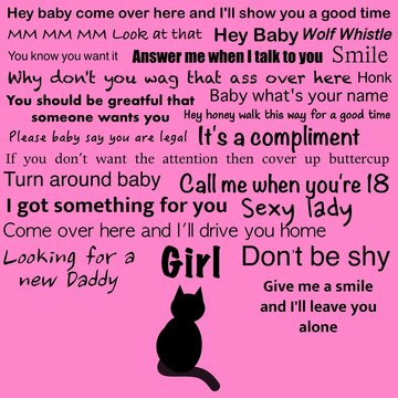 Pink background with examples of cat calling.  With silhouette of a cat at the bottom of the image.