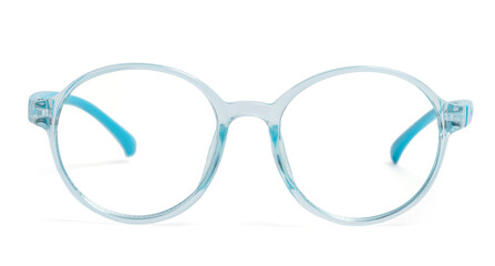 Blue frame eyeglasses on white background.