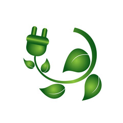 Eco green logotype socket plug and leaves. Eco energy concept. Green house. Clean energy design.