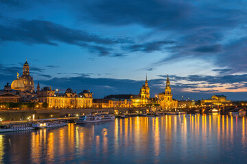Fototapeta na wymiar Dresden Germany, night city skyline at Elbe River and Augustus Bridge