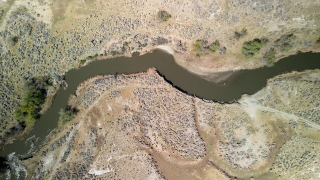 Aerial view of owens valley , Owens river flowing through flat lands near bishop, California