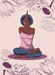 Poster for yoga center. A girl sits in a lotus pose on a mat surrounded by flowers