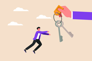 Happy success businessman gets key for the office or home. Business Agreement Concept. Colored flat graphic vector illustration.
