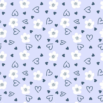 Summer simple retro seamless pattern with flowers and hearts. Hippie aesthetic print for fabric, paper, T-shirt. Romantic  illustration for decor and design.