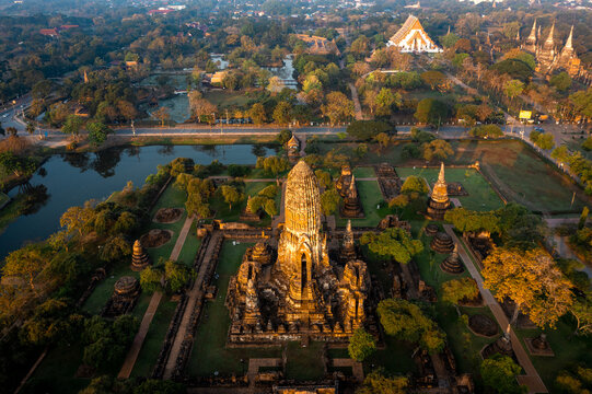 Aerial view of Wat Phra Si Sanphet ruin temple at sunrise in Phra Nakhon Si Ayutthaya, Thailand