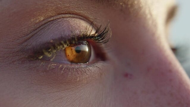 Extreme close up female caramel brown eye looking with tears and different emotions