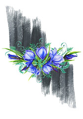 Watercolor poster  bouquets of iris flowers ,
 the petals are blue viol flower, iris,
  shades with green stems background.
Suitable for the design of greeting cards,
invitations,wedding and ba