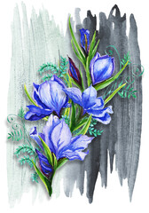 Watercolor poster  bouquets of iris flowers ,
 the petals are blue viol flower, iris,
  shades with green stems background.
Suitable for the design of greeting cards,
invitations,wedding and ba