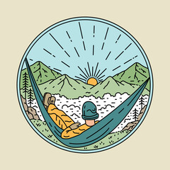 Chill with enjoying view of mountains and sunrise graphic illustration vector art t-shirt design