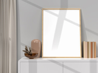 empty mockup photo frame on wooden shelf in room interior close up . Modern and floral concept of shelves. with window shadows