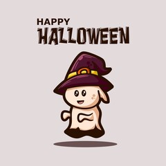 happy halloween greeting card with cute ghost wearing witch hat