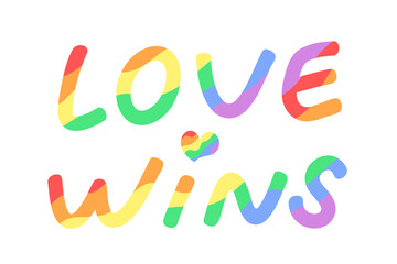Colorful message "LOVE WINS" for pride month celebration. Typography of LGBTQIA+ equality. Rainbow color. Flat vector illustration.