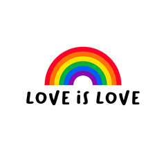 Rainbow love is love text word design. Colorful happy LGBT pride month theme template.