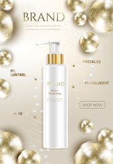 Cosmetic set ads,White gold luxury. Science abstract vector background design with DNA molecular structure. 3d molecules or atoms model illustration, scientific banner for medicine, biology, chemistry