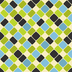 Grid of bright green and blue shapes diagonally forming a grid. Vector seamless and simple. Print on the interior and decor objects.