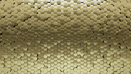 Polished, Gold Wall background with tiles. 3D, tile Wallpaper with Luxurious, Hexagonal blocks. 3D Render