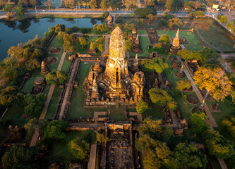 Aerial view of Wat Phra Ram ruin temple in Phra Nakhon Si Ayutthaya, Thailand