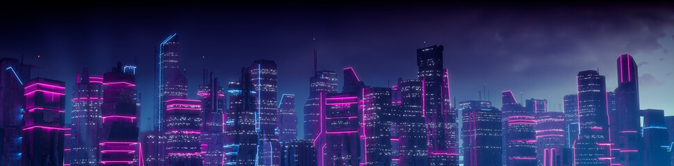 Futuristic City Skyline with Blue and Pink Neon lights. Night scene with Advanced Skyscrapers.