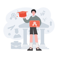 The guy stands in full growth and holds a graduation cap and a diploma. Education. Element for presentations, sites.