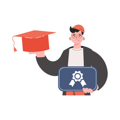 The guy stands waist-deep and holds a diploma. Isolated. Element for presentations, sites.