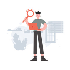The guy is standing in full growth holding a magnifying glass. Search. Element for presentations, sites.