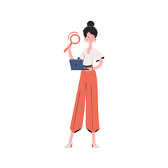 The girl is standing in full growth holding a magnifying glass. Isolated. Element for presentations, sites