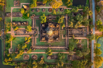Aerial view of Wat Phra Ram ruin temple in Phra Nakhon Si Ayutthaya, Thailand