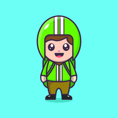 Driver online motorcycle flat vector cartoon art illustration. Delivery customer order through application. Wearing green clothes. 