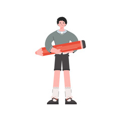 The guy is standing in full growth holding a large pencil. Isolated. Element for presentations, sites.